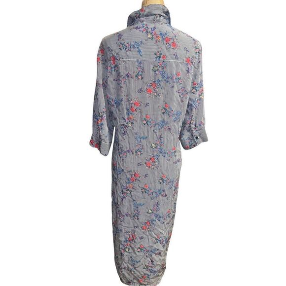 Suzanne Betro Long Sleeve Gray Striped Floral Design Waist Twist High Low Dress - Picture 7 of 11